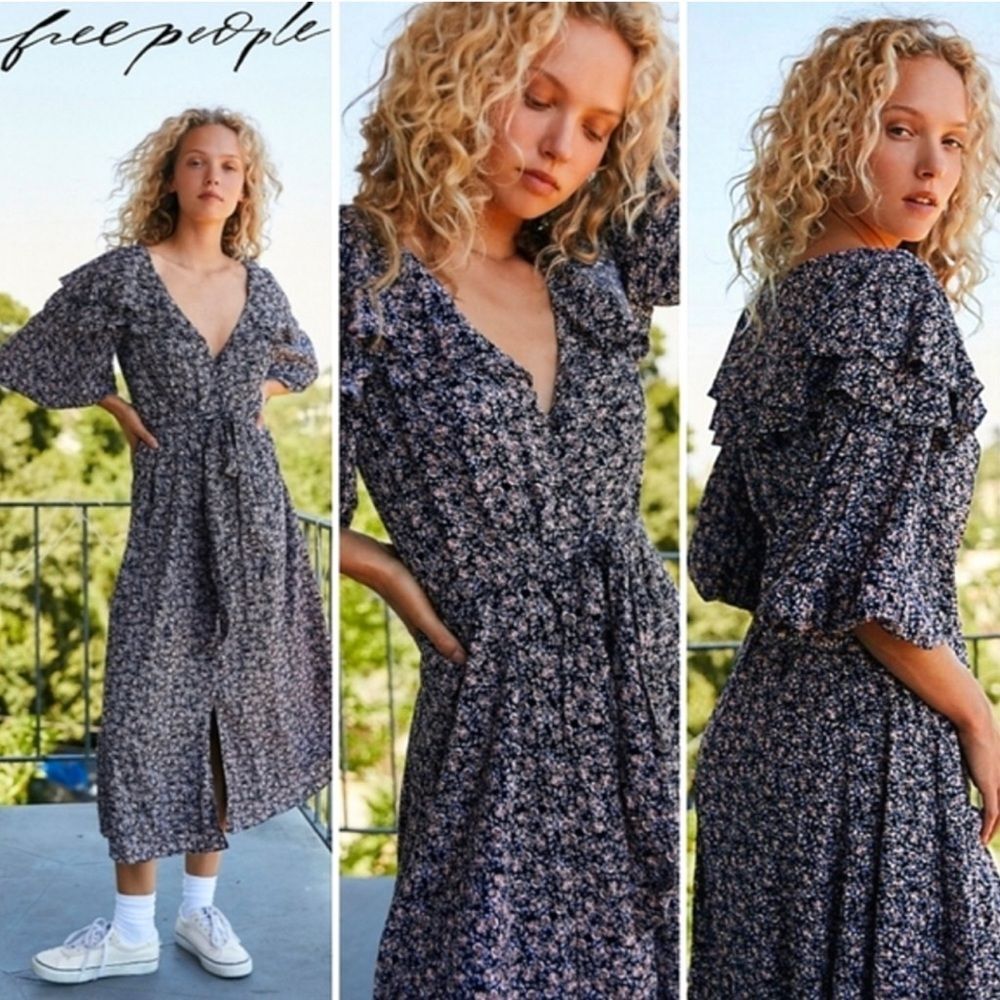 Free People Float On A Sunbeam Midi Dress XS Bohemian Peasant cottagecore
